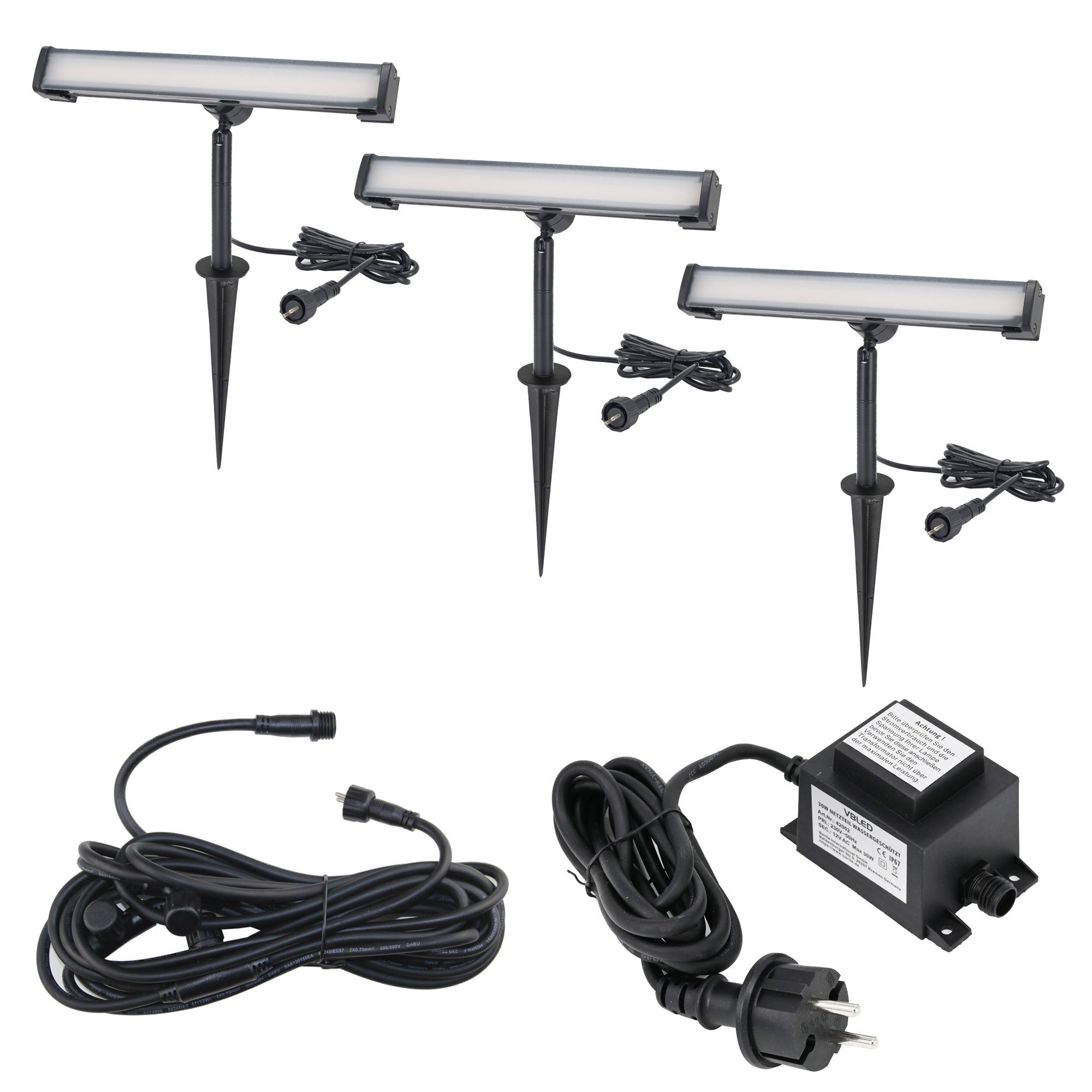 Set of 3 LED garden spotlights, swivelling with ground spike 12VAC/DC 5.5W 3000K