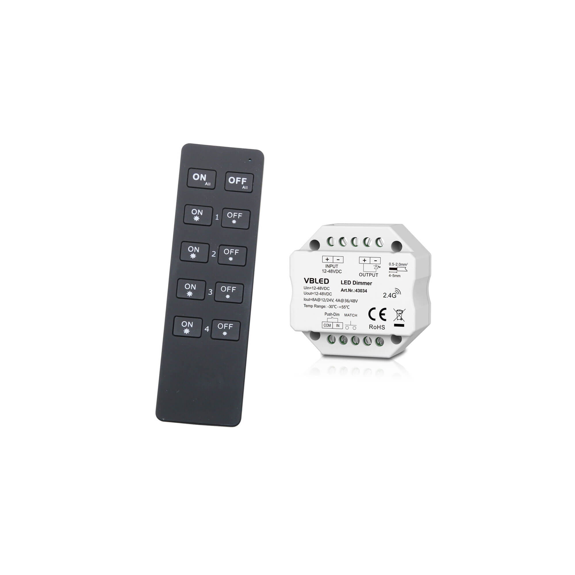 SET VBLED "INATUS" - Dimmer 12-48V DC incl. telecomando a 4 canali