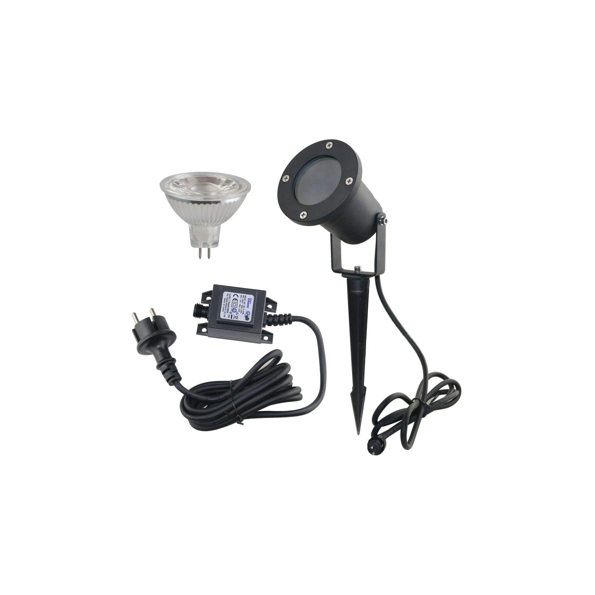 Garden floodlight set 12V AC, IP65, 99mm diameter, incl. bulb and 12W power supply unit