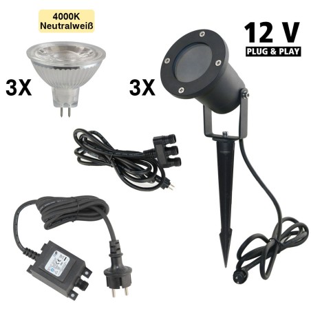 Set van 3 tuinspots 12V AC incl. lamp 5W neutraal wit, grondspies en voedingseenheid