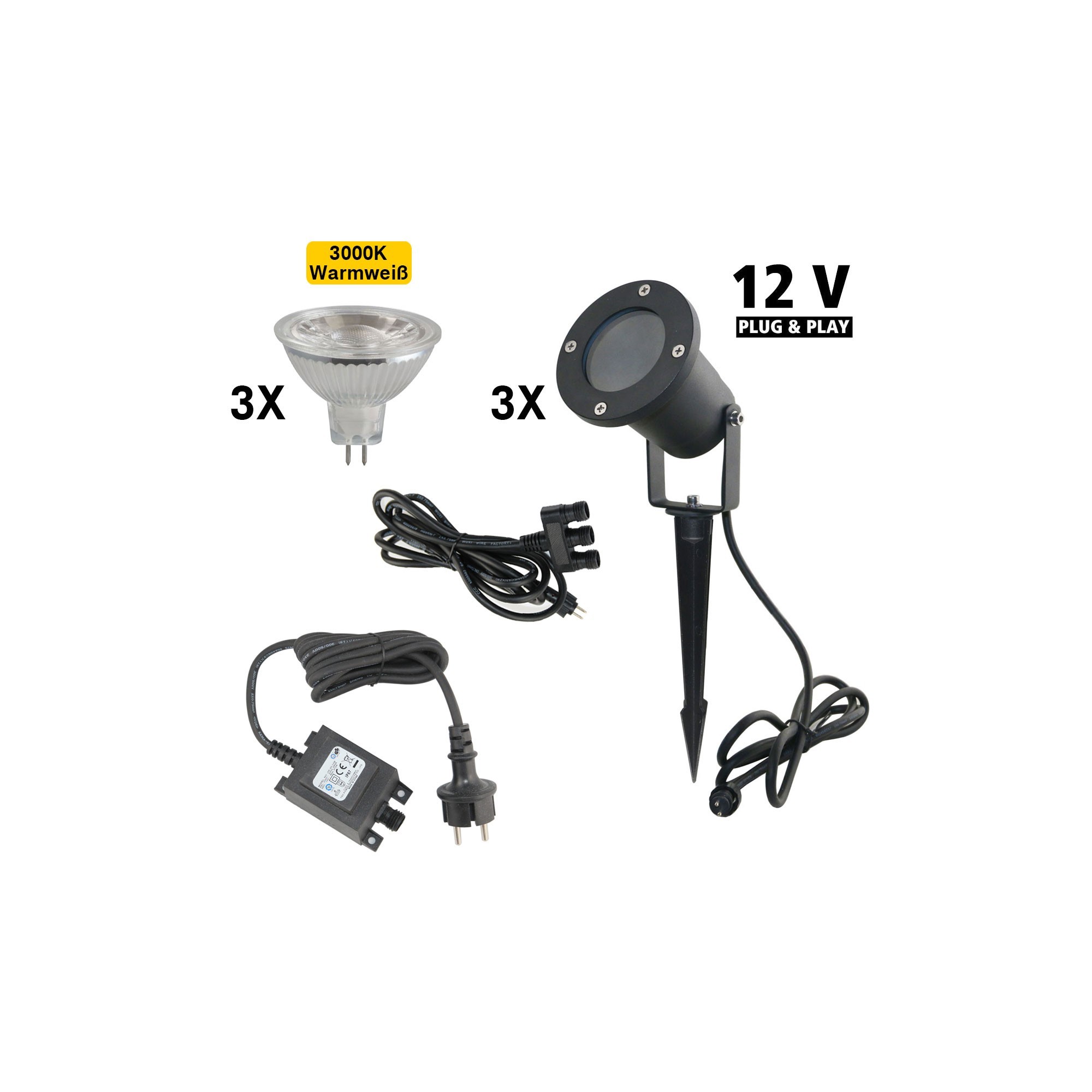 3er Set Gartenstrahler 12V AC IP65 inkl. Leuchtmittel 5W warmweiß, Erdspieß und Netzteil