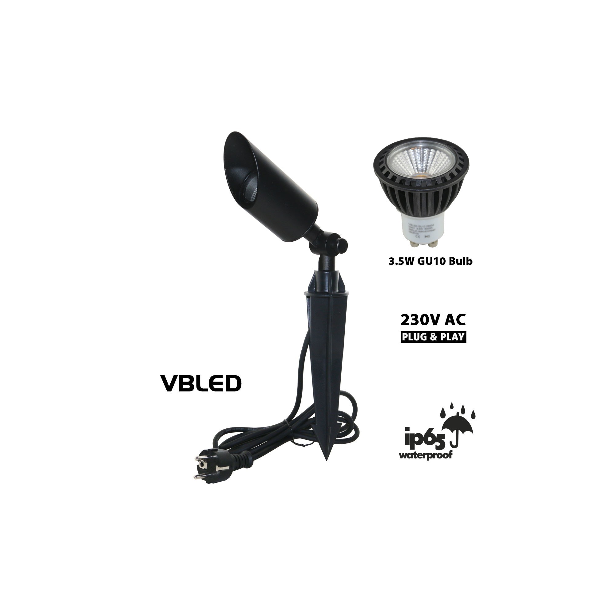 Foco LED de jardín con bombilla LED GU10 de 3,5 W Negro