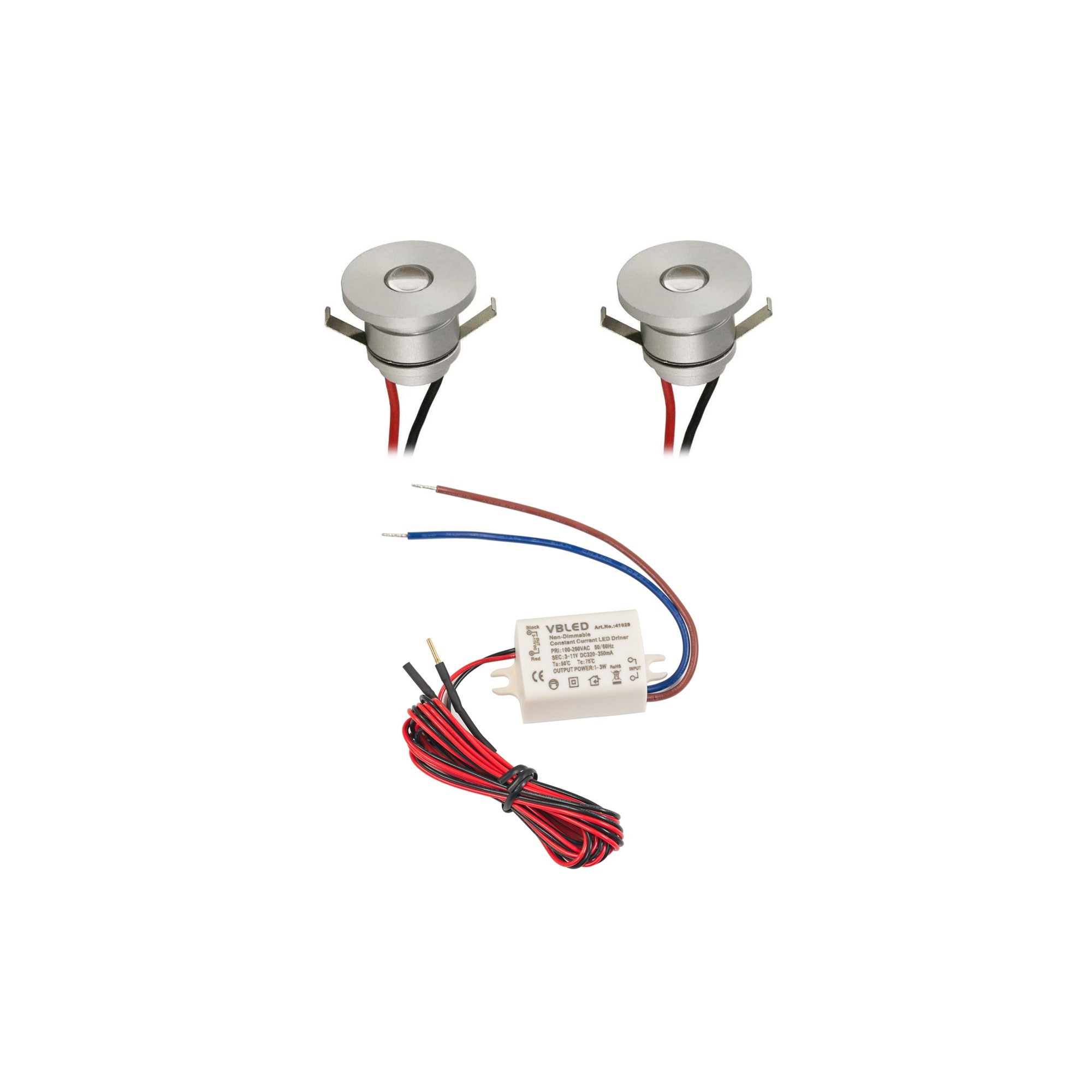 Set de 2 mini spots encastrés LED en aluminium 1W blanc chaud