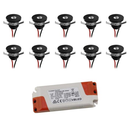 Set of 10 1W LED aluminium mini recessed spotlights warm white with dimmable power supply - Black