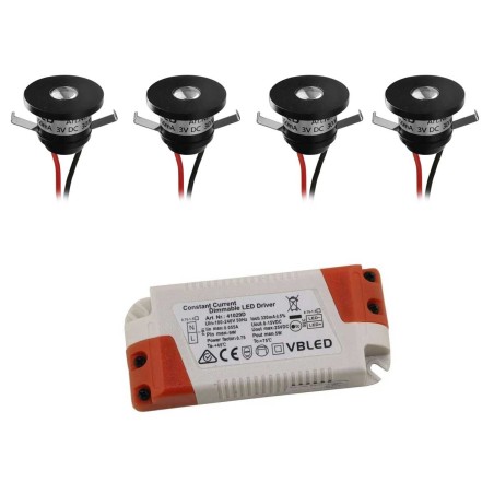 Set van 4 LED Aluminium Mini Inbouwspots 3000K met Dimbare LED Transformator - Zwart