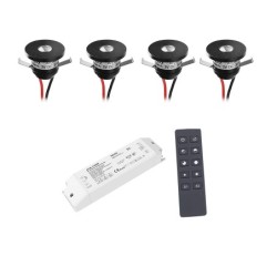 Juego de 4 mini focos empotrables de aluminio LED de 1W negro blanco cálido con fuente de alimentación RF y mando a distancia