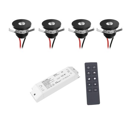 4-er Set 1W LED Aluminium Mini Einbaustrahler schwarz warmweiß mit RF Netzteil und Fernbedienung