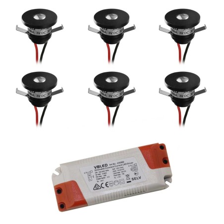 Set of 6 1W LED aluminium mini recessed spotlights warm white with dimmable power supply - Black