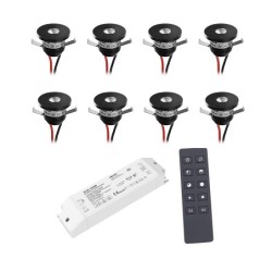 Set de 6 mini spots encastrables LED 1W en aluminium, noir blanc chaud avec bloc d'alimentation radio RF et télécommande.