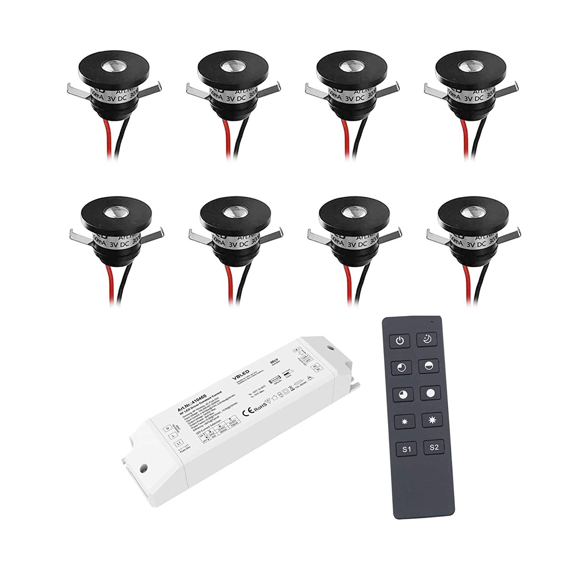 Set of 6 1W LED aluminium mini recessed spotlights, black warm white with RF radio power supply unit and remote control.