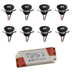 Set de 8 mini spots encastrés LED 1W en aluminium blanc chaud avec alimentation graduable - Noir