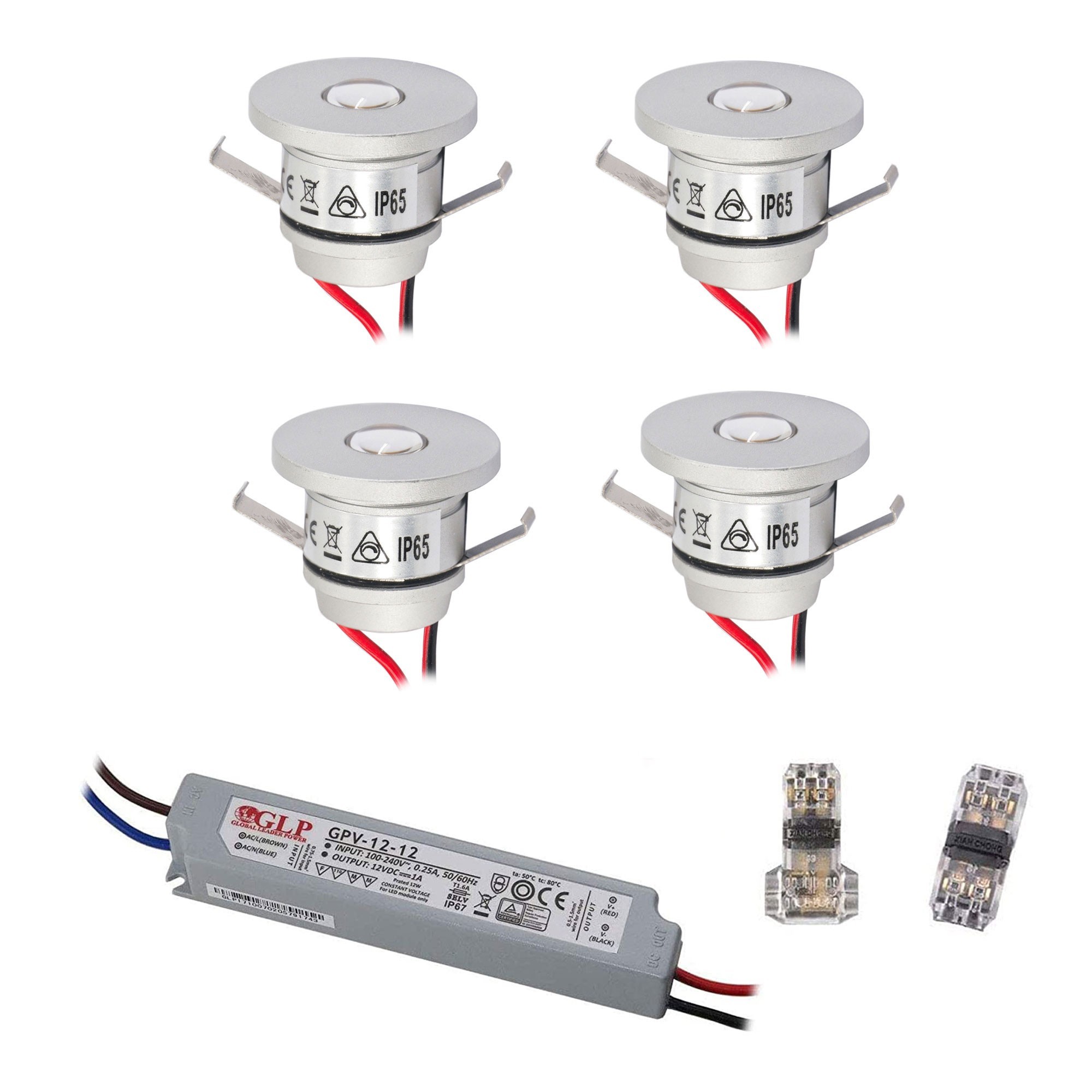 Set de 4 mini spots encastrés 1W blanc chaud avec transformateur LED 12V DC, IP67