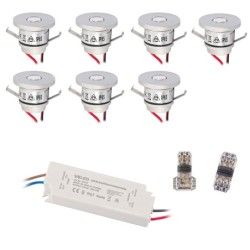 7-er Set 1W Mini-Einbauspot IP65 Warmweiss Inkl.12W LED Trafo 12V DC