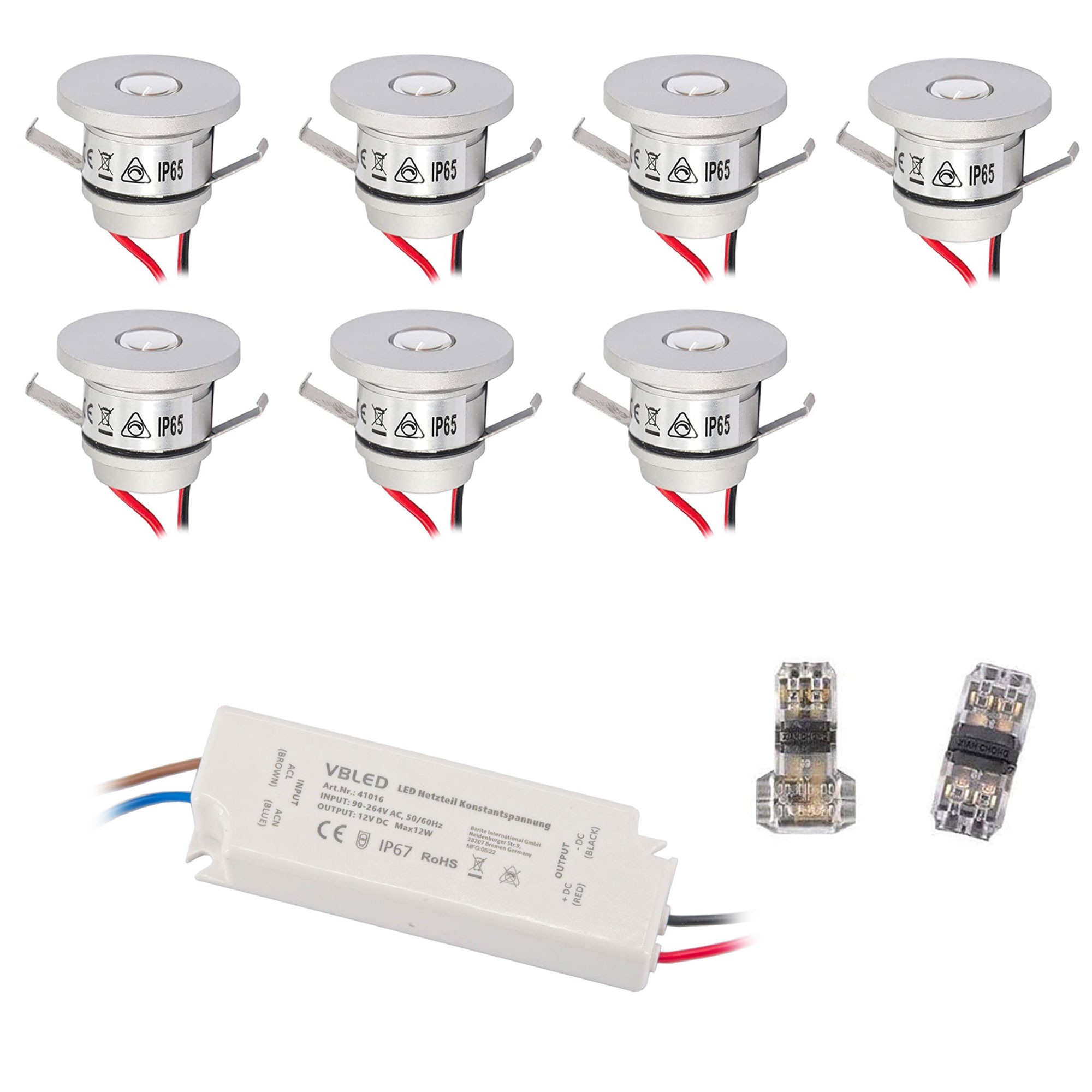 Juego de 7 Mini Focos Empotrables de 1W IP65 Blanco Cálido Incl.Transformador LED 12W 12V DC