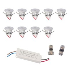 9-er Set 1W Mini-Einbauspot IP65 Warmweiss Inkl.12W LED Trafo 12V DC