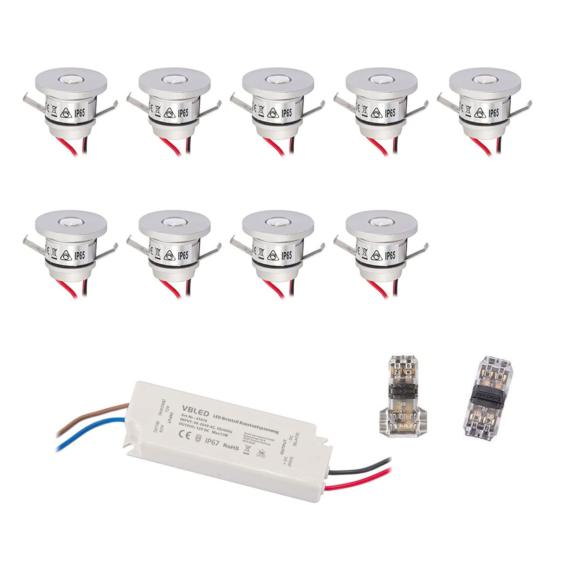 9-er Set 1W Mini-Einbauspot IP65 Warmweiss Inkl.12W LED Trafo 12V DC