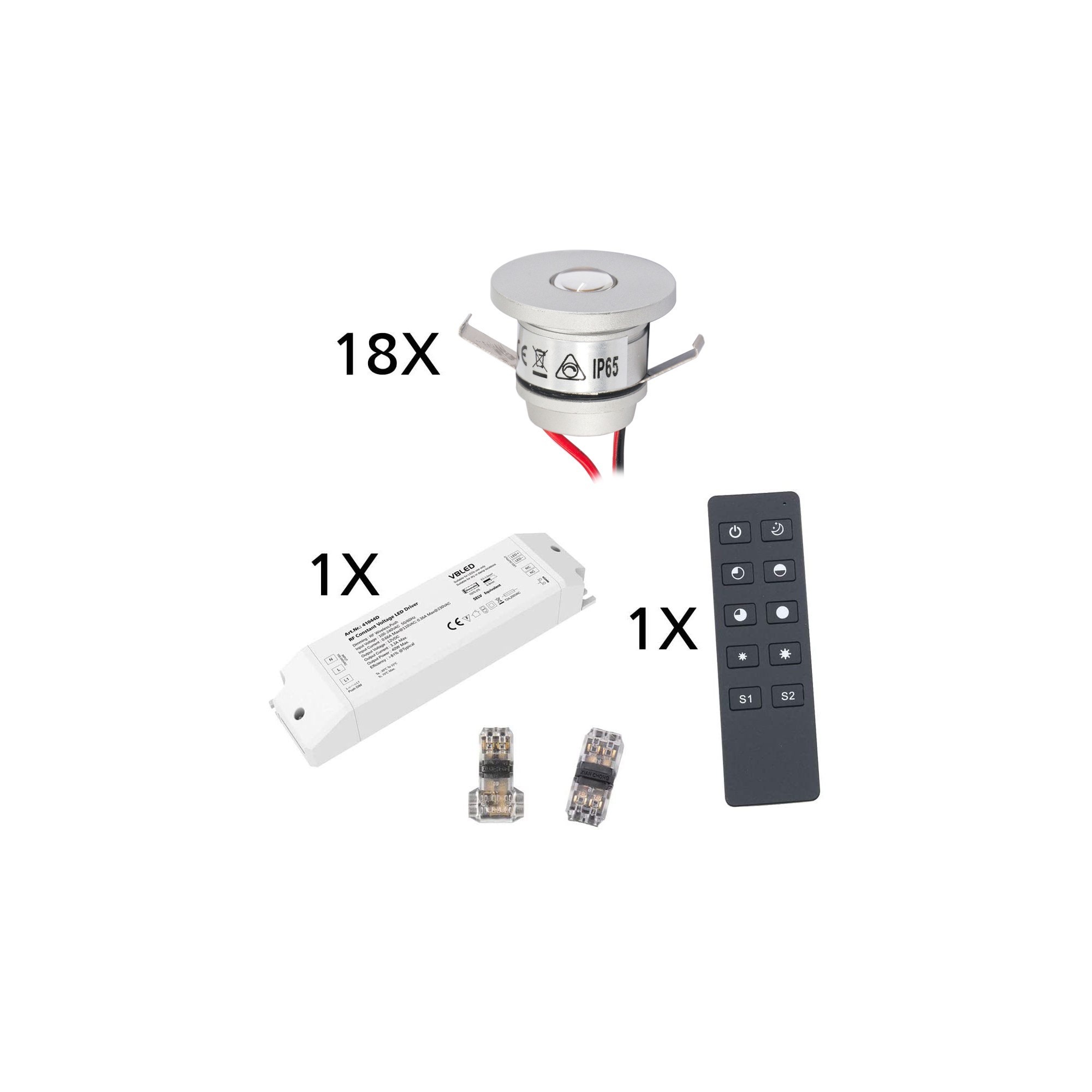 18-delige basisradioset 1W mini-inbouwspot incl. afstandsbediening en 40W LED-radiotransformator