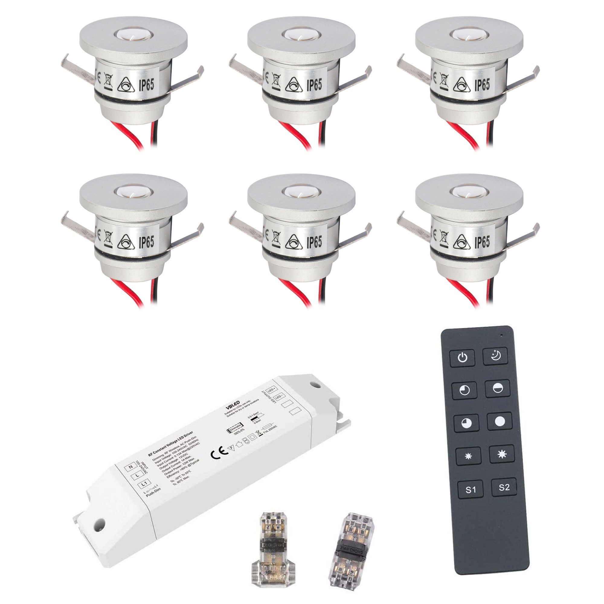 Juego de 6 mini focos empotrables de aluminio LED de 1W blanco cálido con alimentación por radiofrecuencia 12VDC