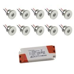 Set di 10 mini faretti da incasso a LED da 1W bianco caldo con alimentatore