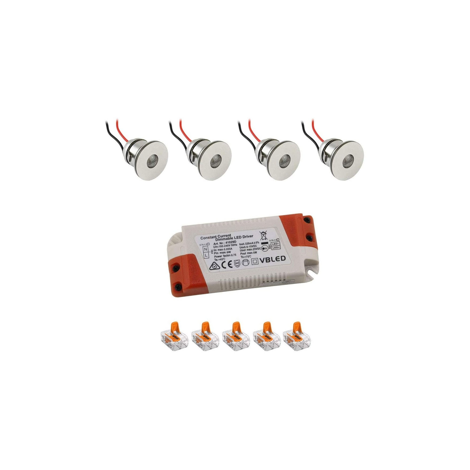 4er-Set 1W Mini LED Einbauspot Einbaustrahler warmweiß mit Netzteil