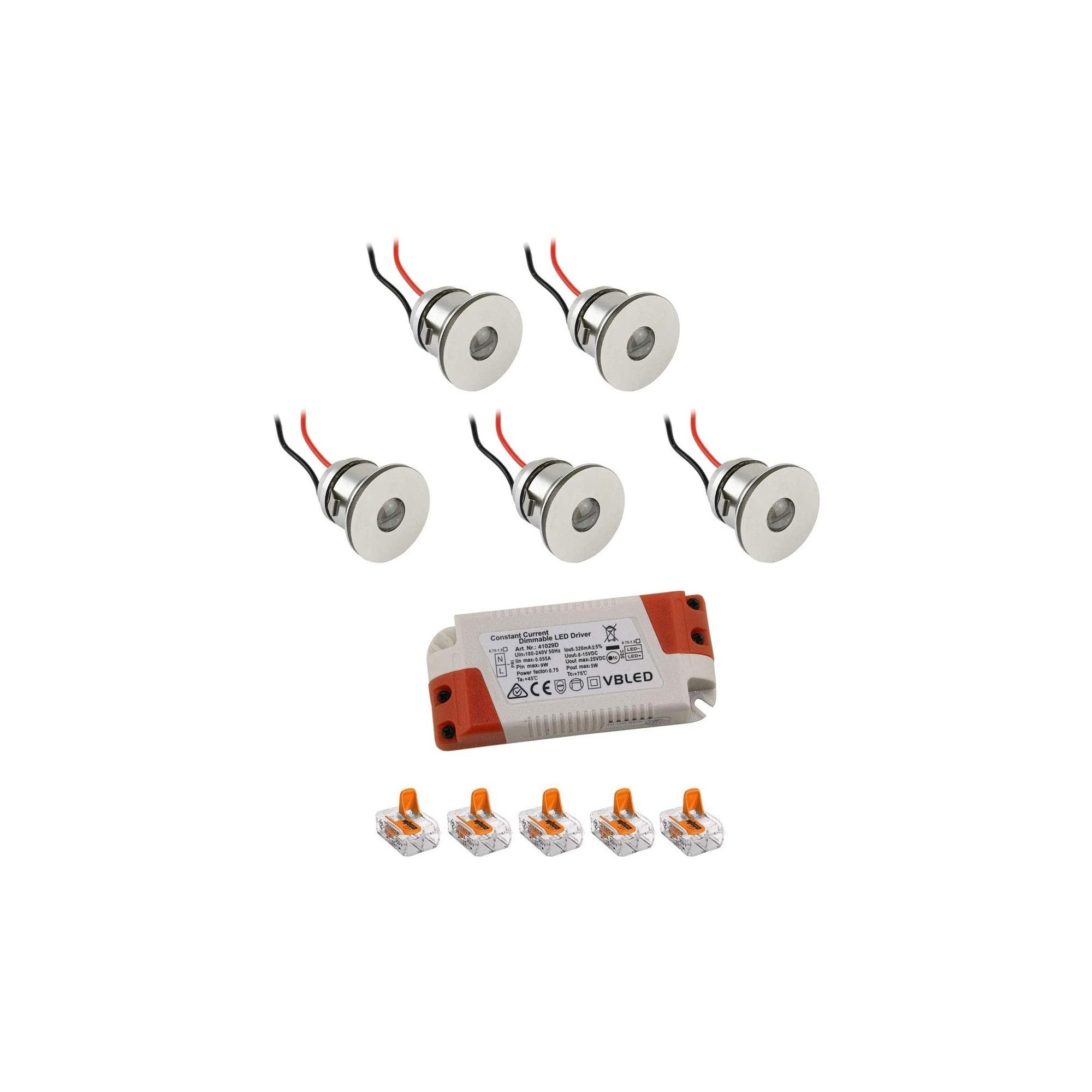 5er-Set 1W Mini LED Einbauspot Einbaustrahler warmweiß mit Netzteil