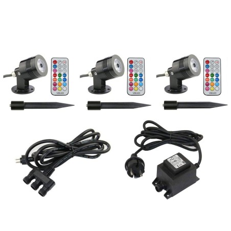 Gartus® RGB+W Faretto da giardino 10W 12V Plug&Play Set di 3 con trasformatore