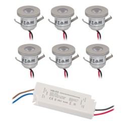 6er Set 1W Mini-Einbauspot Mini Spot / IP65 / WW Inkl. 12W LED Trafo 12V DC, IP67