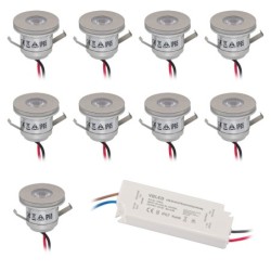 Jeu de 9 mini spots encastrés 1W Transformateur LED inclus IP67 étanche 12V DC