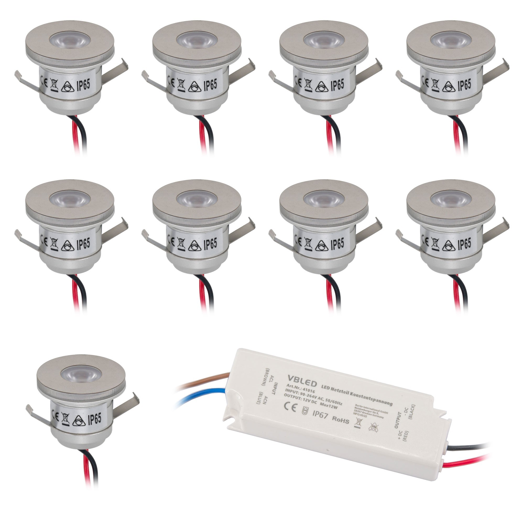 Set of 9 1W mini recessed spotlights Incl. LED transformer IP67 waterproof 12V DC