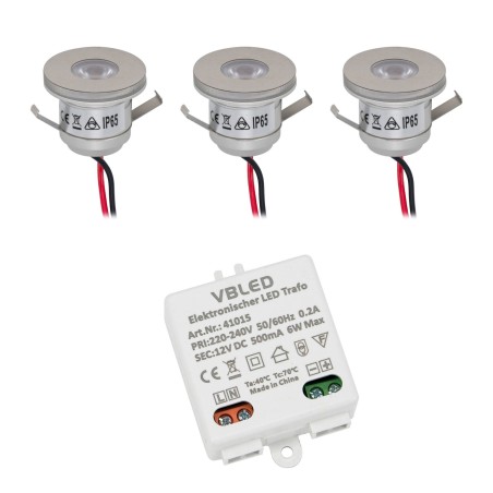 3er Set 1W Mini-Einbauspot Inkl. 12W LED Trafo IP67 wasserdicht 12V DC