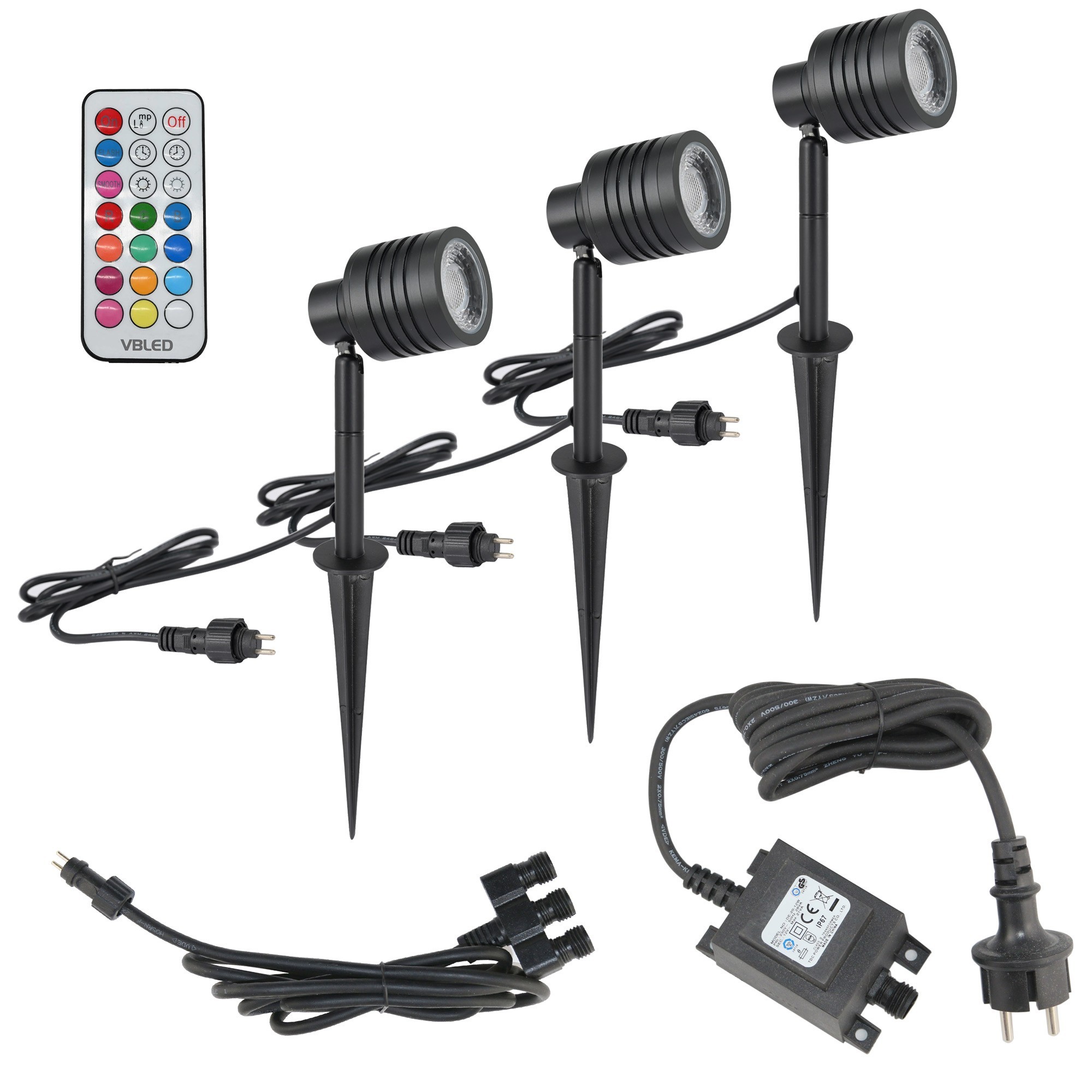 Set di 3 proiettori da giardino con lampadina RGBW sostituibile 3X9W Nero 12V AC/DC e telecomando IR