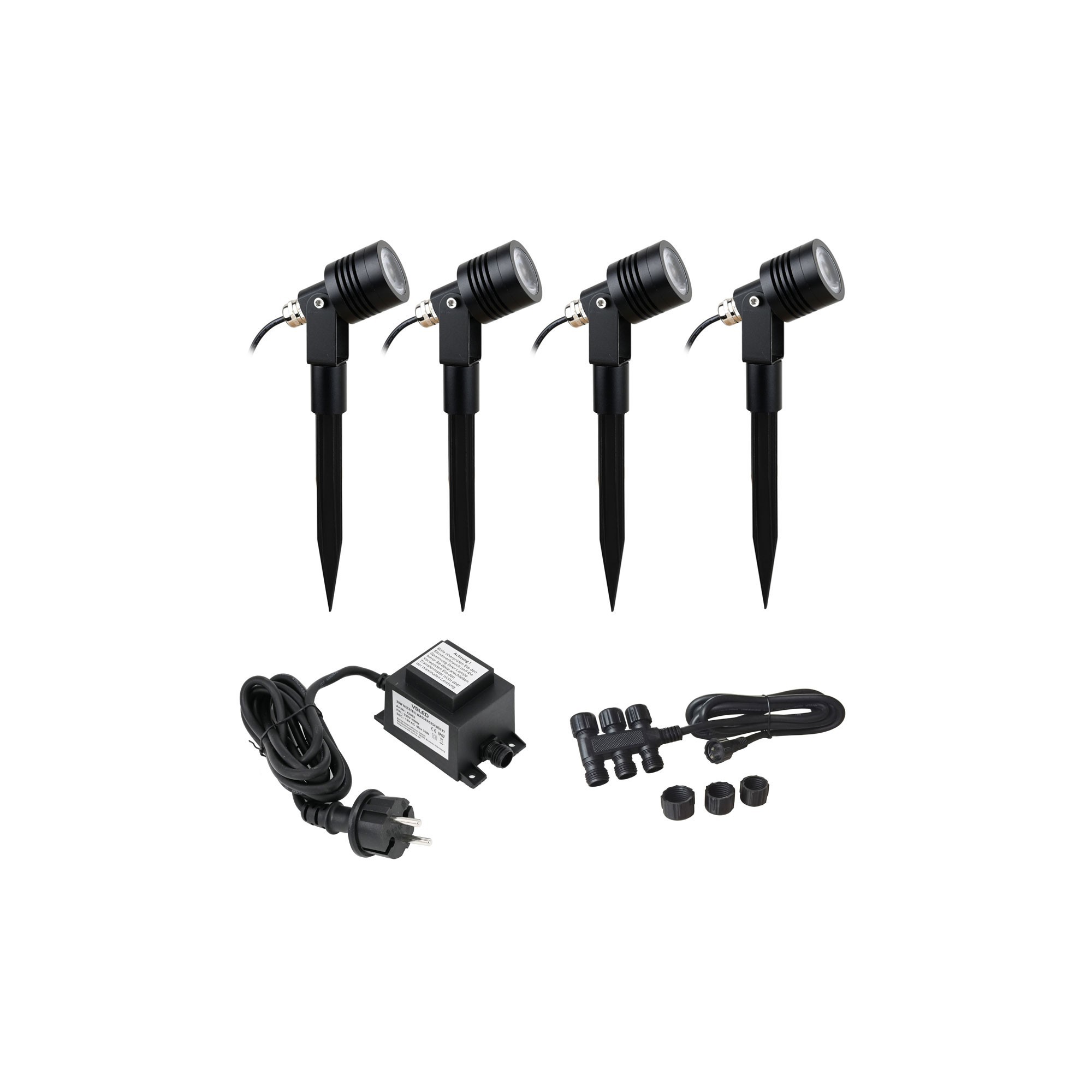 Set di 4 faretti da giardino a LED 6W bianco caldo 12V con alimentatore e cavo di distribuzione