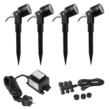 Set van 4 6W LED tuinspots warm wit 12V met voedingsunit en verdeelkabel