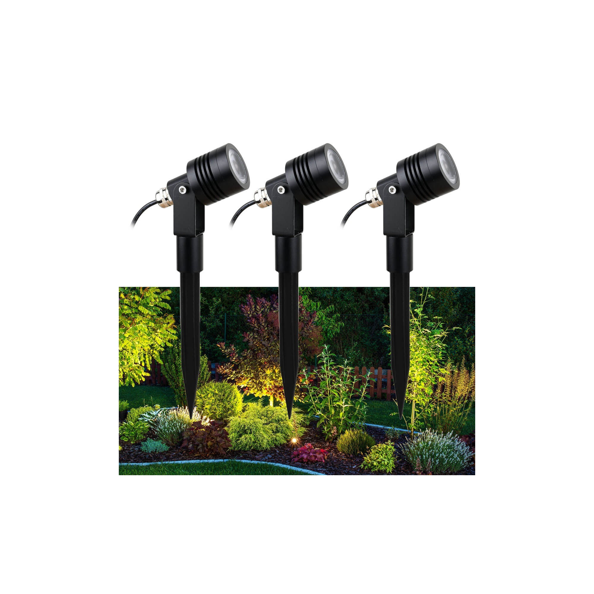 Set of 3 6W LED garden spotlights warm white 12V with power supply unit and distribution cable