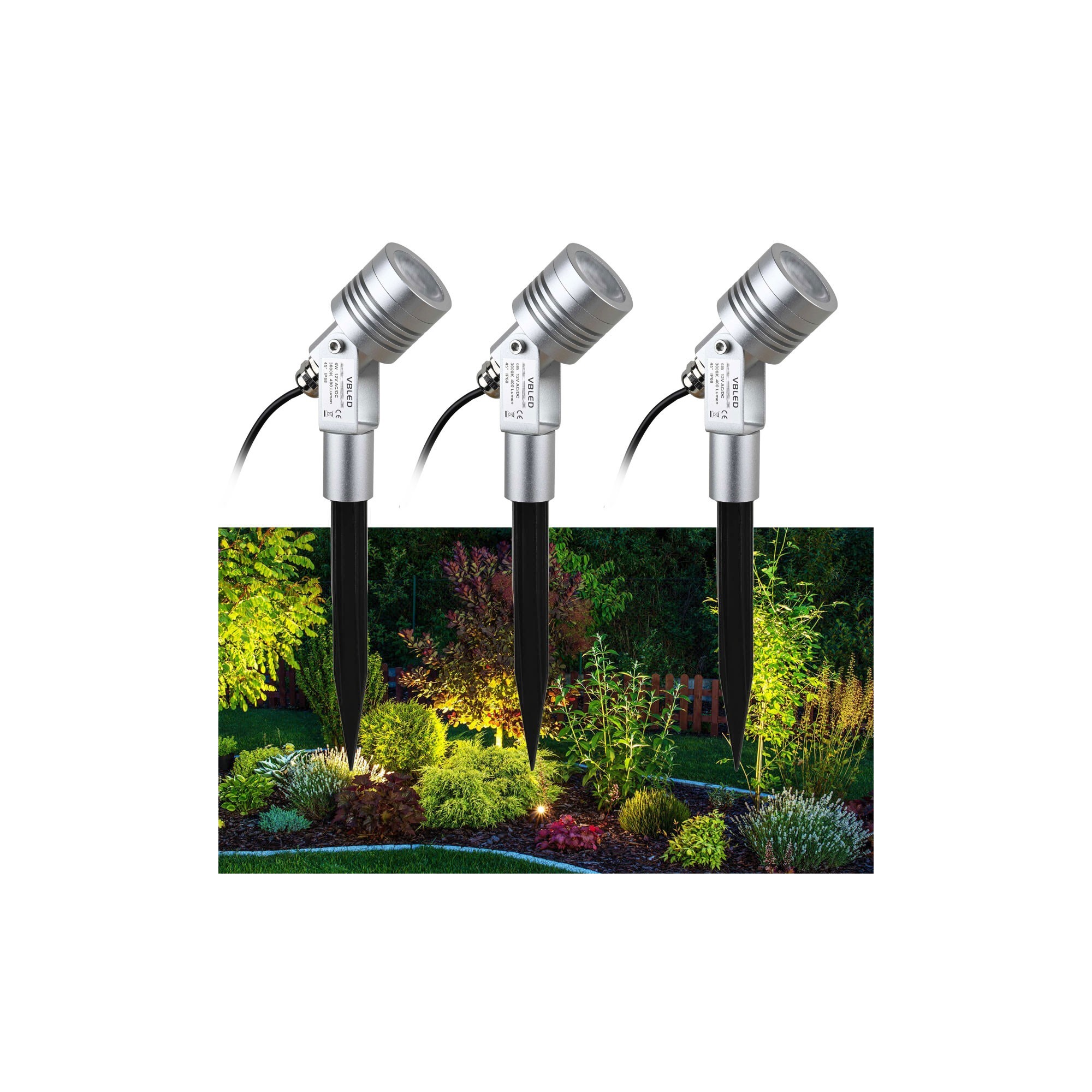 Set of 3 6W Garden Light Garden Spotlight Silver 3000K 12V Warm White with Ground Spike and Transformer