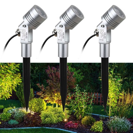 Set of 3 6W Garden Light Garden Spotlight Silver 3000K 12V Warm White with Ground Spike and Transformer