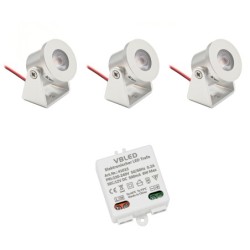 Set di 3 mini faretti da superficie da 1W rotanti e orientabili da 80lm bianco caldo con alimentatore da 6W 12VDC