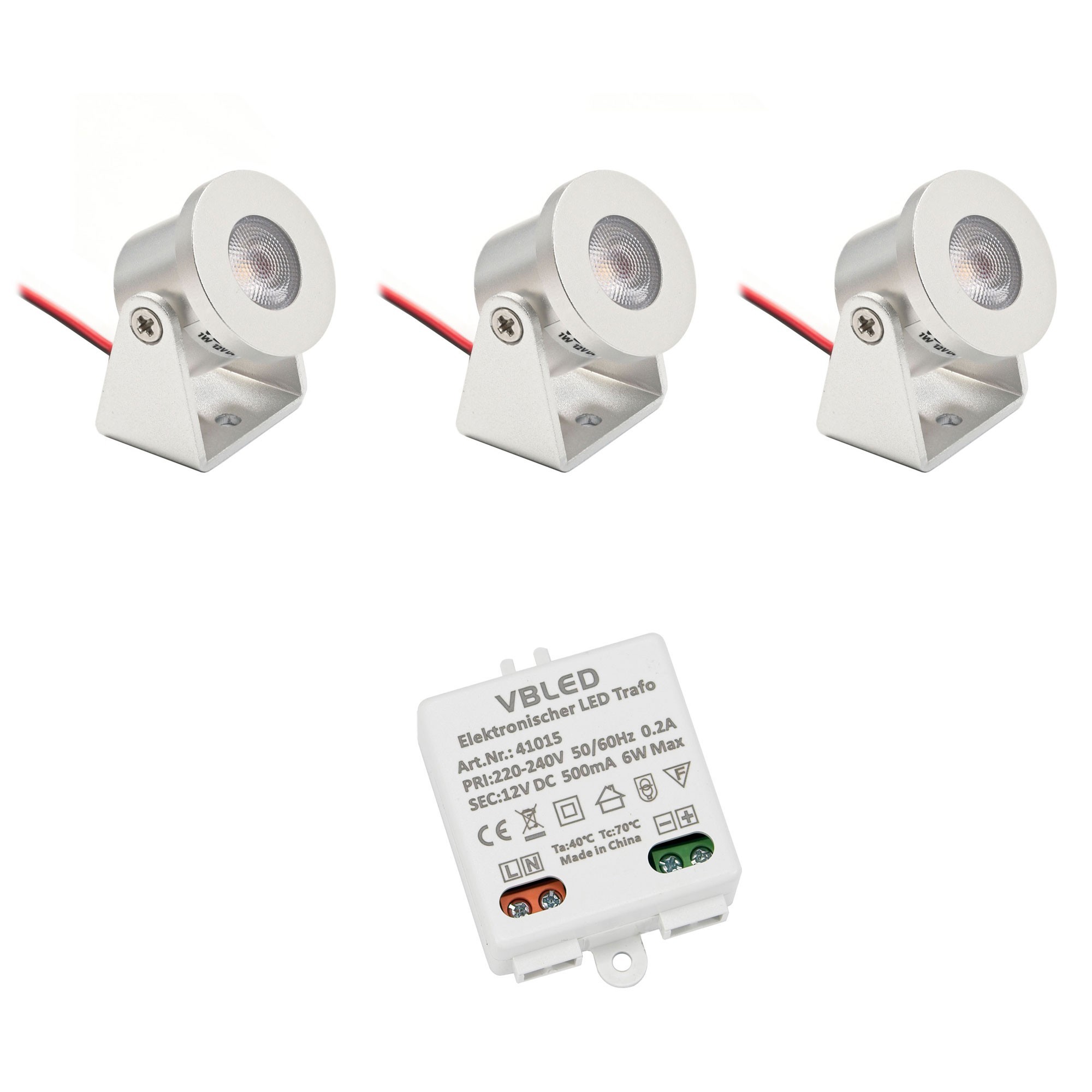 Set van 3 1W Mini Opbouwspots Draaiend & Zwenkbaar 80lm warm wit met 6W 12VDC voedingseenheid