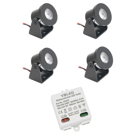 Set of 4 1W Mini Surface Mounted Spotlights Rotating & Swivelling 80lm warm white with 6W 12VDC power supply unit