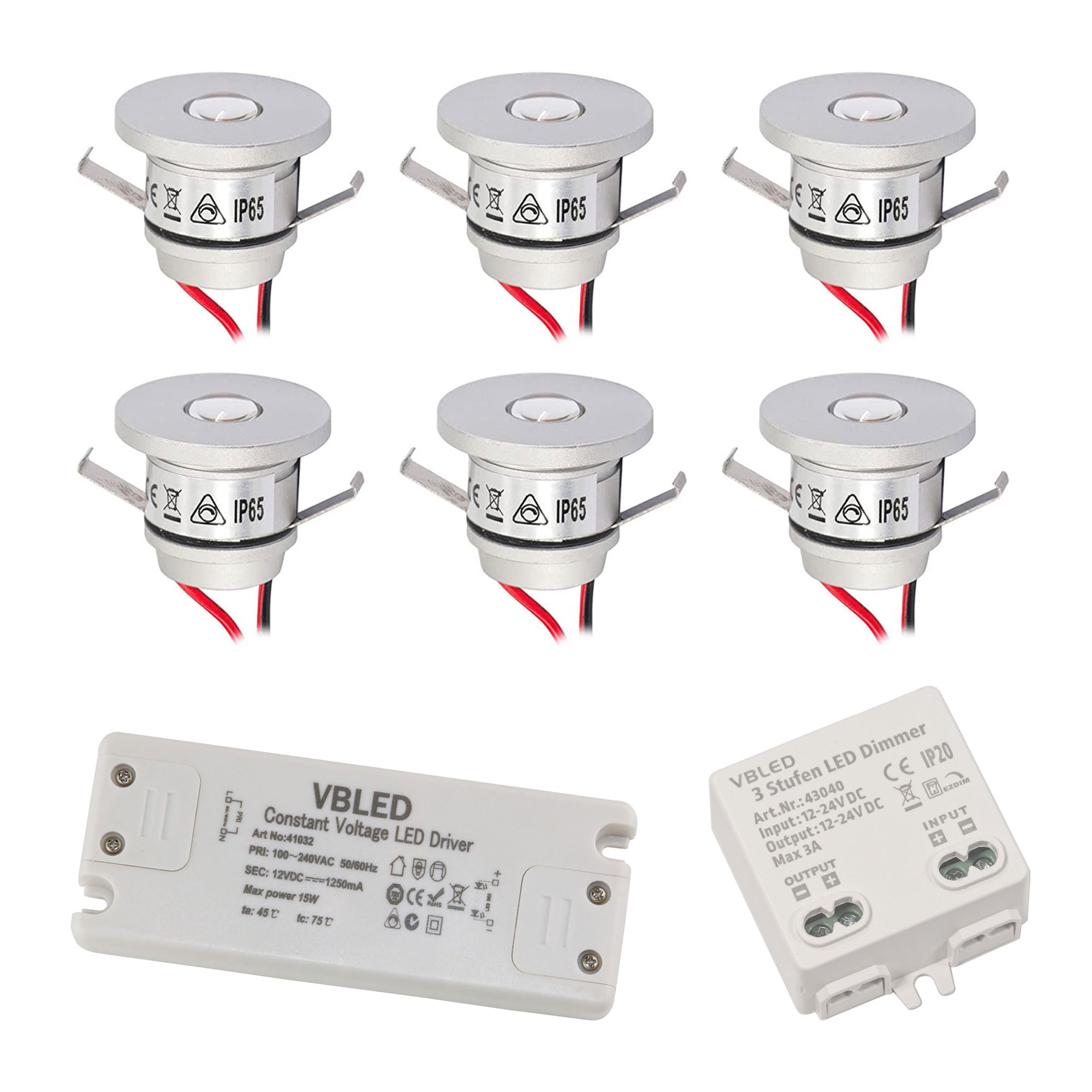 6er EZDIM Set 1W Mini Spot Encastré IP65 Blanc Chaud Incl.12W LED Transformateur