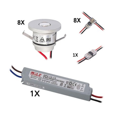 Set of 8 1W Mini Recessed Spot IP65 Warm White Incl.12W LED Transformer 12V DC