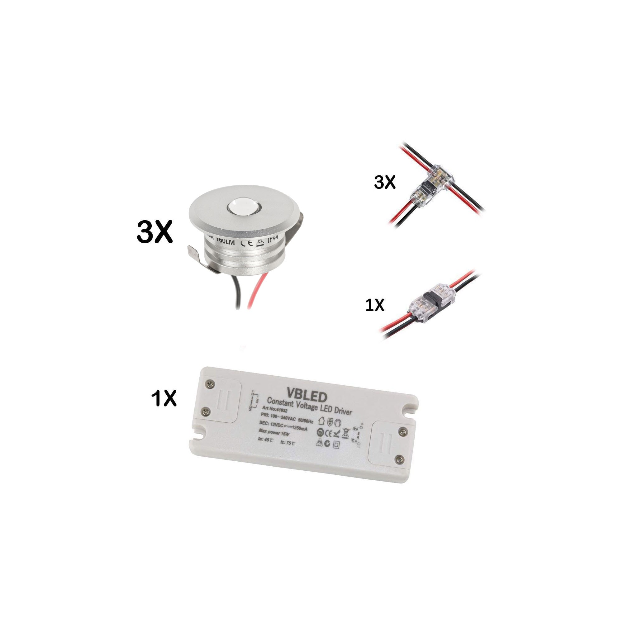 3PCS Set of 3W mini recessed spotlight Recessed spotlight warm white 12V DC Incl. LED transformer and connector