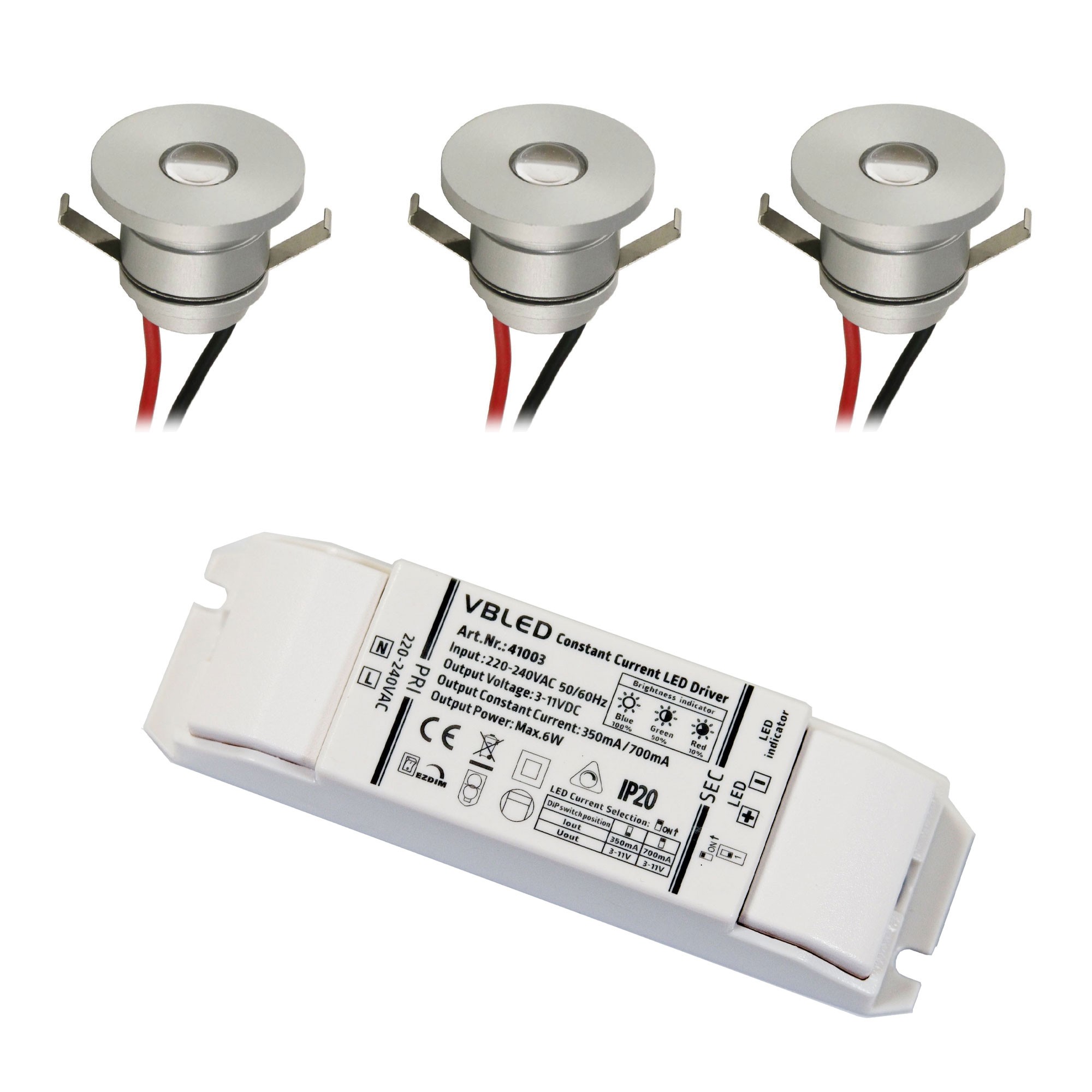 3er-Set LED Aluminium Mini Einbaustrahler 1W Spot mit LED Trafo 3-Stufen-Dimmung 10%-50%-100%