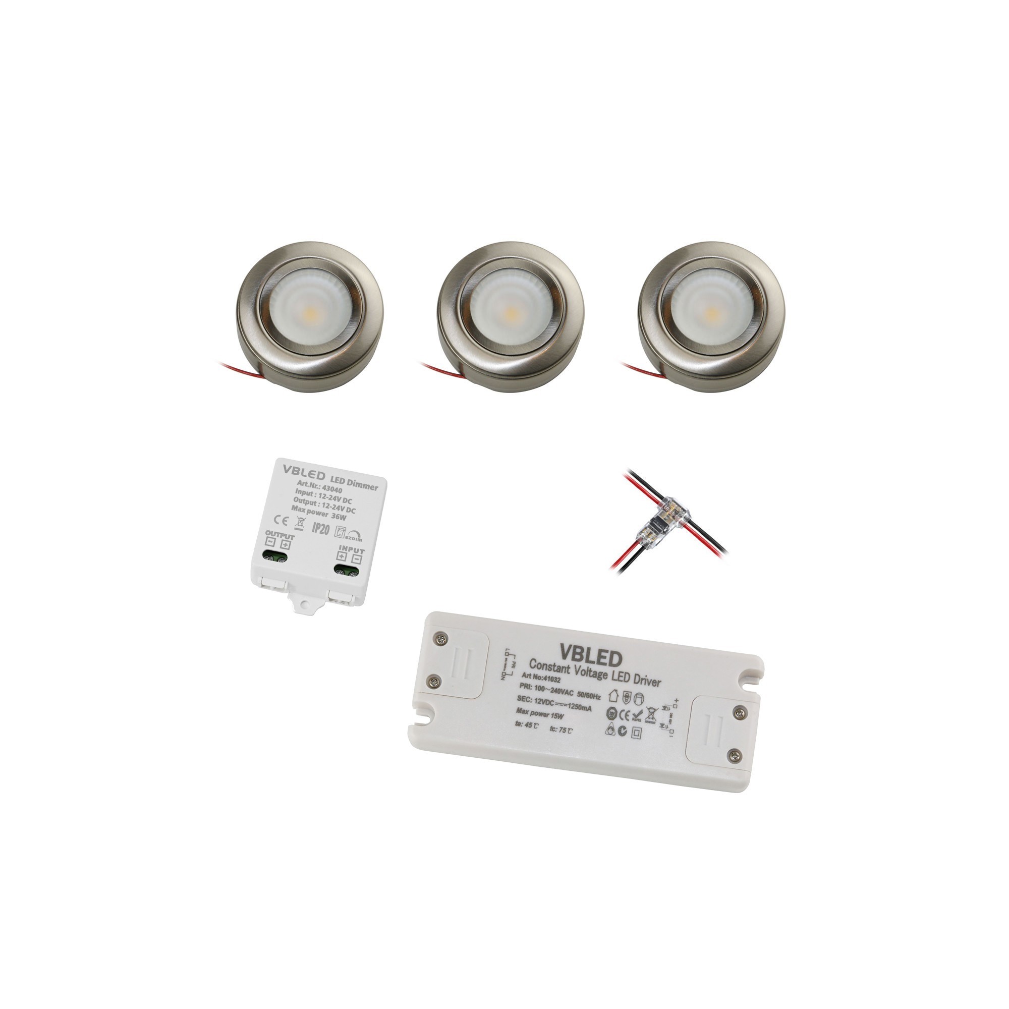 Set of 3 EZDIM LED under-cabinet lights with power supply unit and 3-step dimmer