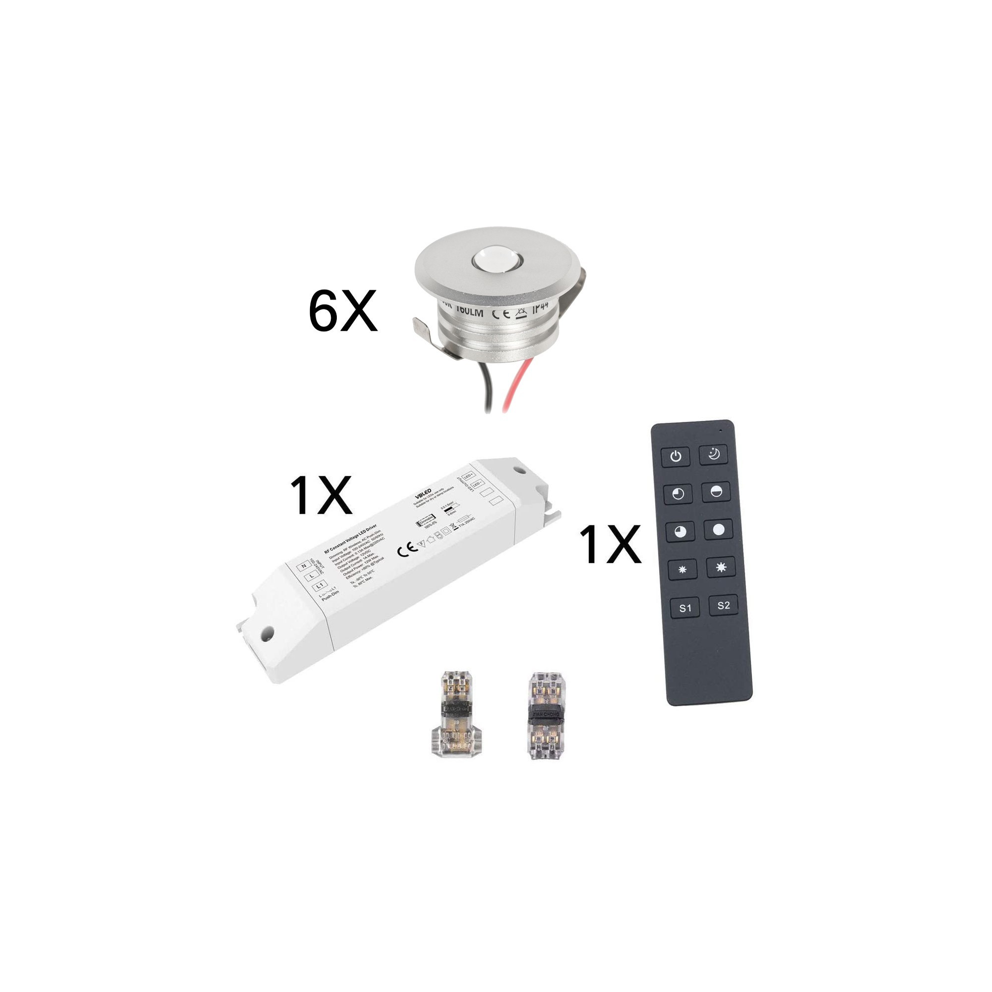 6er Funk Set 3W Mini-Einbauspot Einbaustrahler warmweiß IP44 12V DC Inkl.LED Trafo und Verbinder