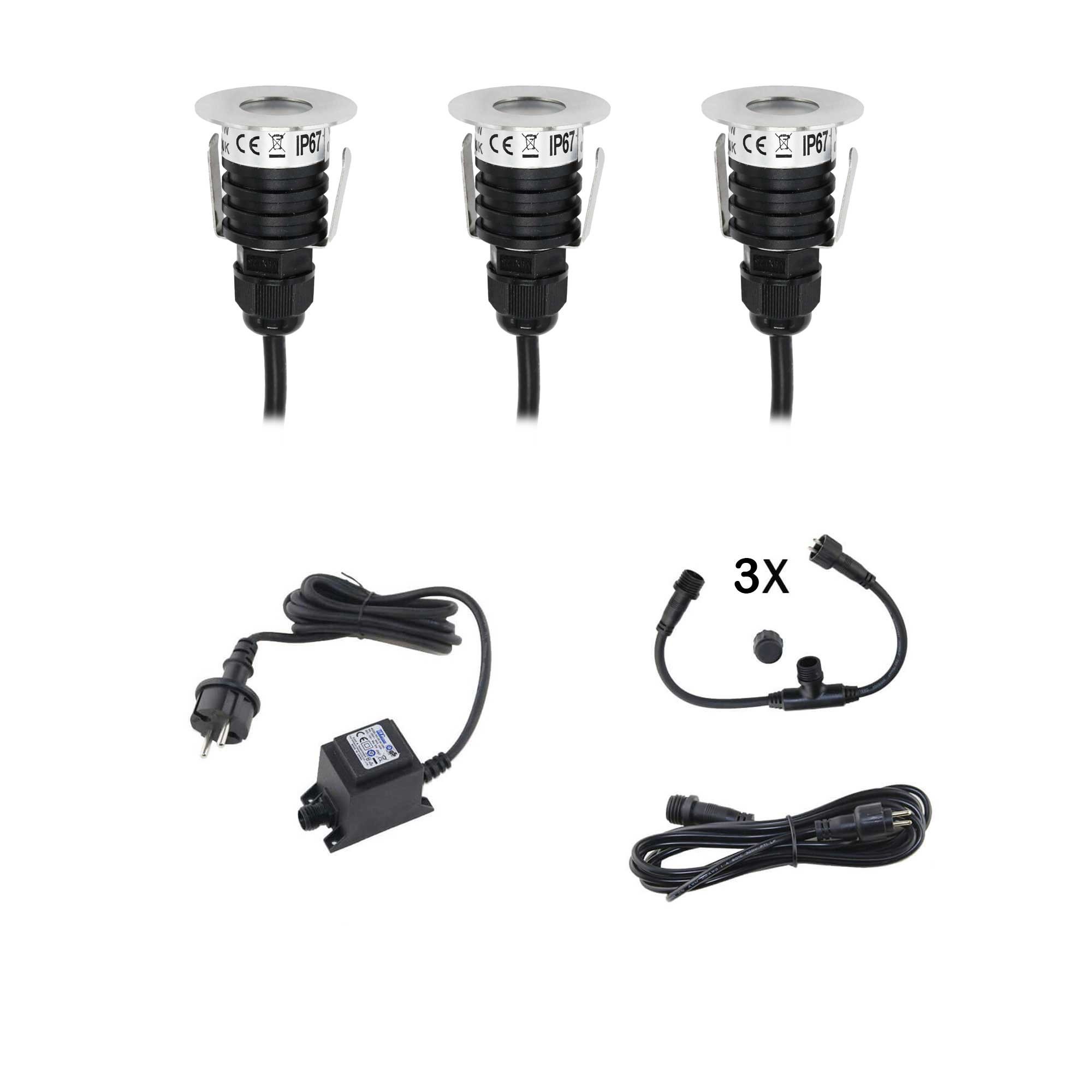 Mini illuminazione per patio Luce da incasso a pavimento incl. alimentatore e cavo (set di 3)