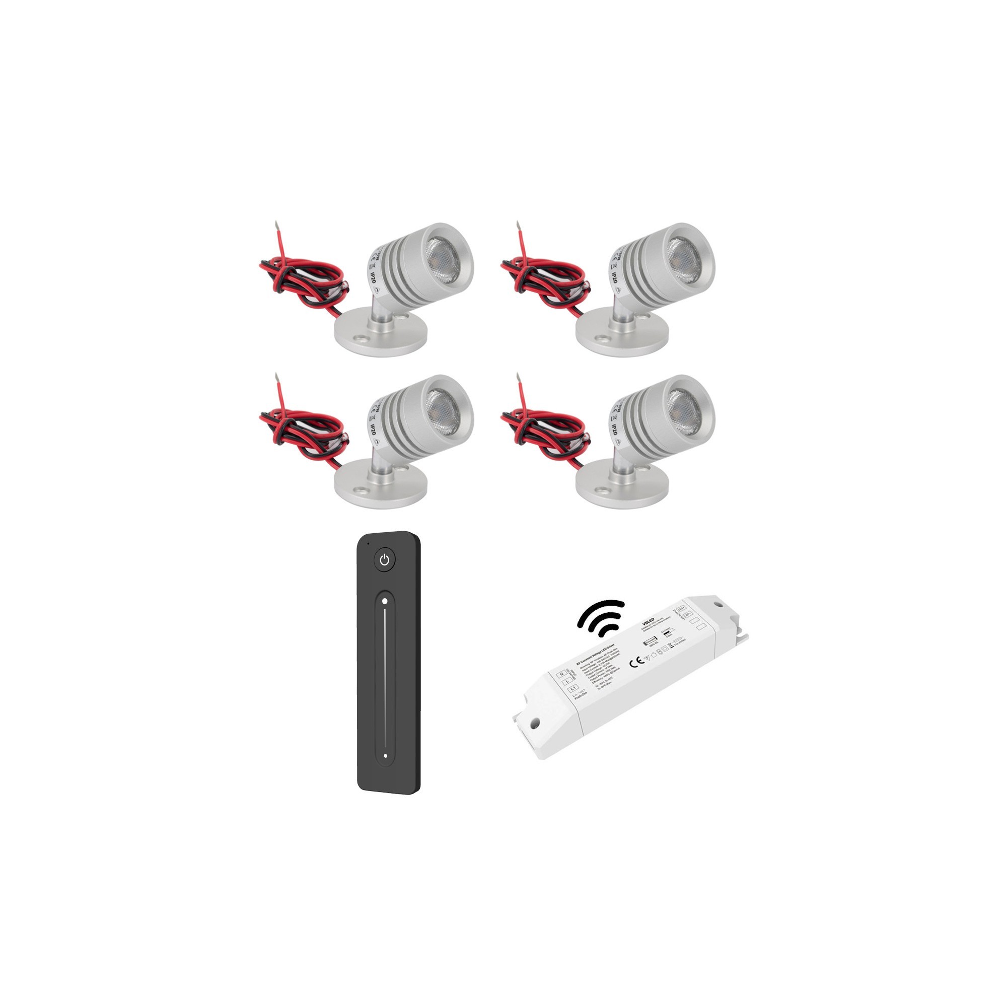 4er Wireless Set Mini LED Ceiling Spot 12VDC 3W 3000K "ESKINAR" swivelling with LED transformer and remote control