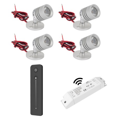 4er Wireless Set Mini LED Ceiling Spot 12VDC 3W 3000K "ESKINAR" swivelling with LED transformer and remote control