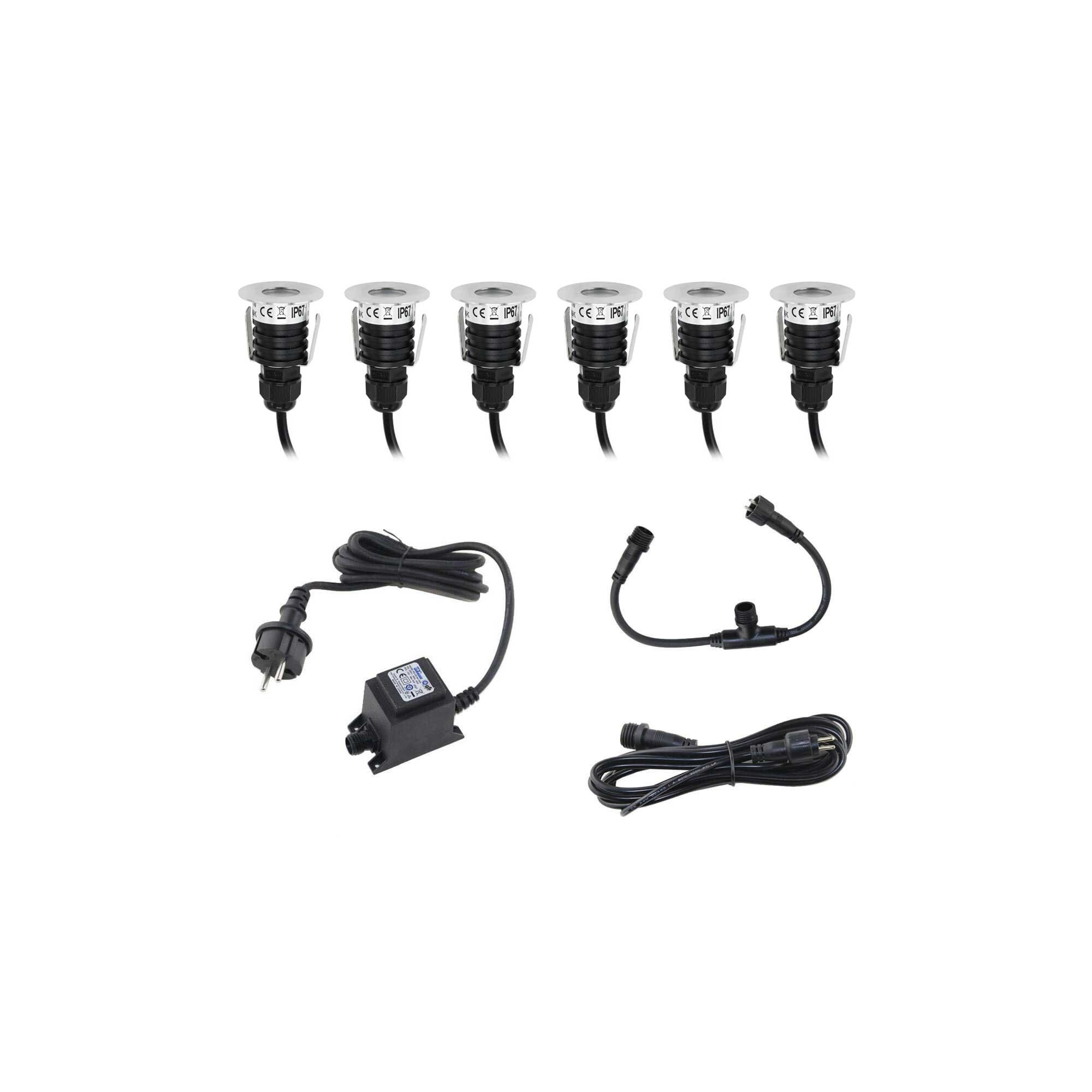 Mini LED da incasso a pavimento KIT 6 pezzi - Rotondo - incl. trasformatore e cavo