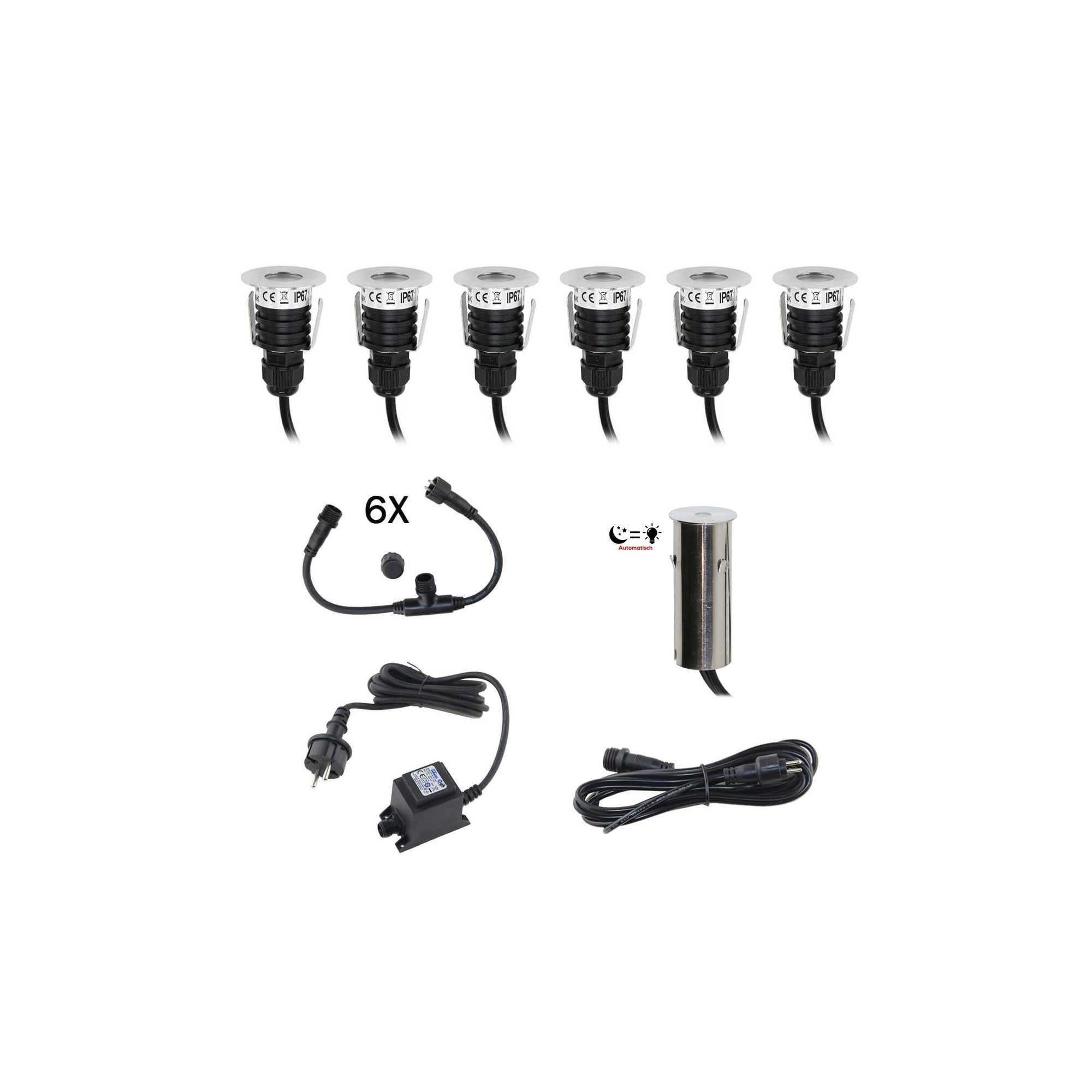 Foco empotrable de suelo mini LED KIT 6 piezas incl. sensor crepuscular Redondo